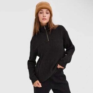 NWT MATE the Label Organic Waffle Half-Zip Sweatshirt XS Jet Black